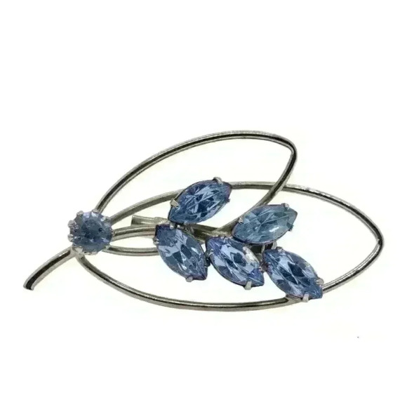 Vintage Brooch Silver with Blue Rhinestone MCM Schreiner Style - Picture 1 of 7
